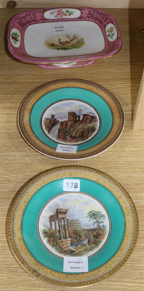 A pair of Prattware plates and a Staffordshire pink bordered cake dish painted with a pheasant